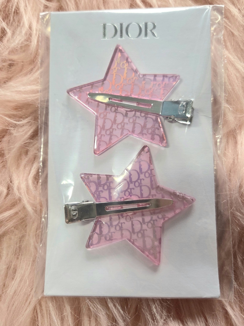 NWT Dior Pink Holographic Star Logo Hair Clips - Set of 2